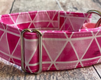 Pink geometric triangles collar - 1.5" martingale, 1” clip, greyhound lurcher martingale collar, pink white whippet saluki tag house collar