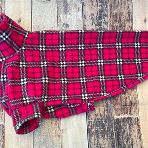Pink tartan Greyhound clothing, fleece lurcher pajamas, whippet pjs, sighthound sweater