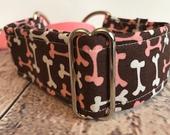 Pink bones Greyhound martingale collar - 1.5" pink galgo, fabric martingale, whippet dog collar, wide sighthound collar