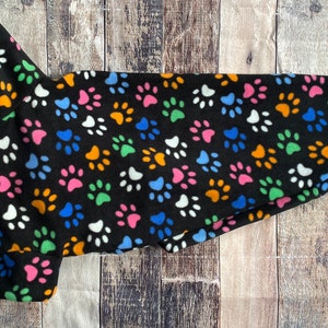Black paw print made-to-measure sighthound jumper - rainbow paws greyhound & whippet fleece pyjamas, dog coat with 2 legs.