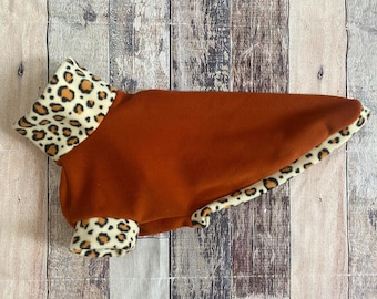 Made-to-Measure Greyhound Pajamas: Rust Leopard Print Fleece Whippet PJs with 2 legs