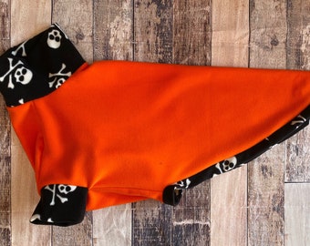 Orange & Pirate skulls Sighthound pajamas, warm whippet clothing, fleece greyhound sweater