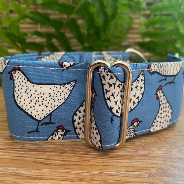 Blue Chicken Print Greyhound Martingale Collar: 1.5" Cotton Sighthound Collar