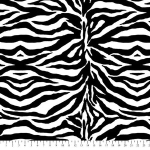 May include: Black and white zebra print fabric. The print features a repeating pattern of black and white stripes.