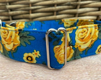 Yellow roses 1.5” Greyhound martingale collar - blue flowers sighthound collar, spring whippet collar