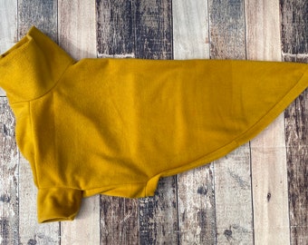 Mustard Yellow Greyhound Sweater, cosy custom size fleece pyjamas for lurchers, whippets, sighthounds. Yellow dog clothes