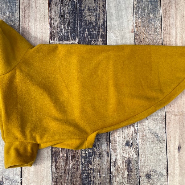 Mustard Yellow Greyhound Sweater, cosy custom size fleece pyjamas for lurchers, whippets, sighthounds. Yellow dog clothes