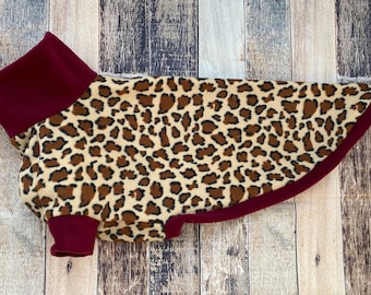 Made to Measure leopard print & burgundy Greyhound pyjamas, whippet pjs, sighthound sweater.