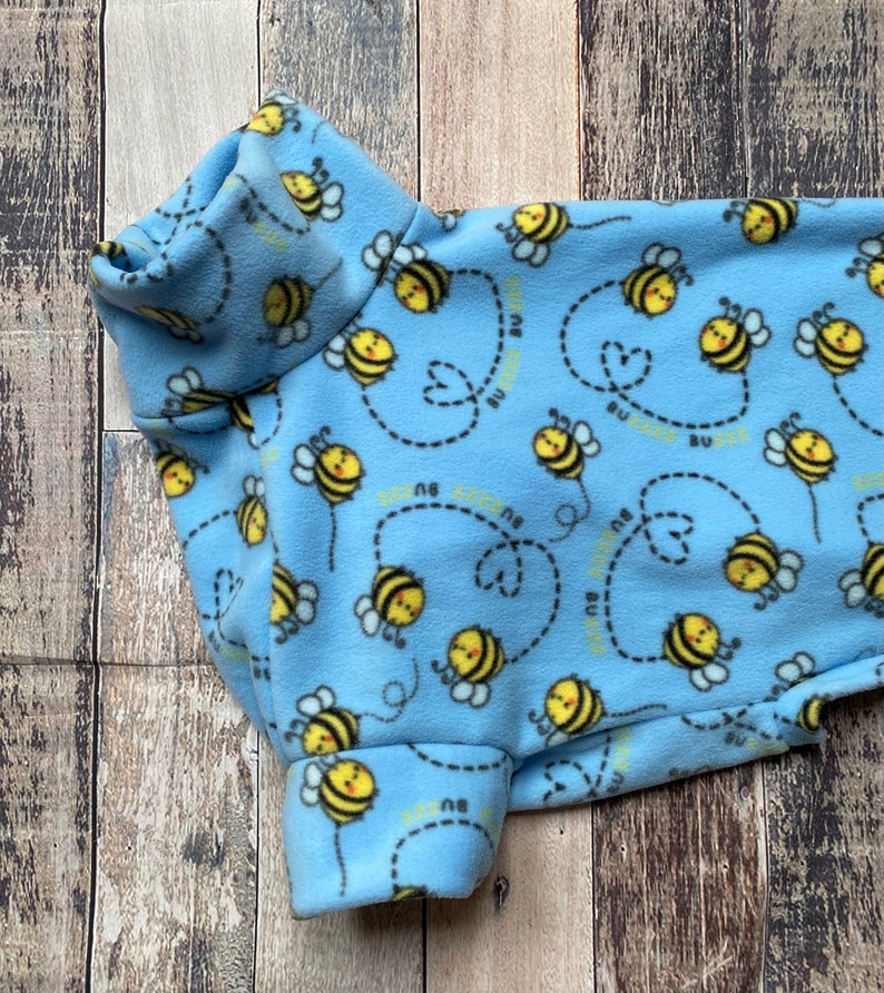 Bees on Blue greyhound pyjamas, custom size fleece sighthound pjs, made to measure whippet sweater, blue bee lurcher jumper image 6