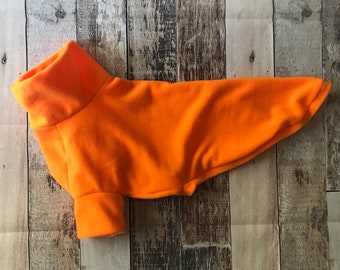 Orange Greyhound Clothing, cosy made to measure fleece pajamas for greyhounds, whippets, sighthounds. Bright dog sweater