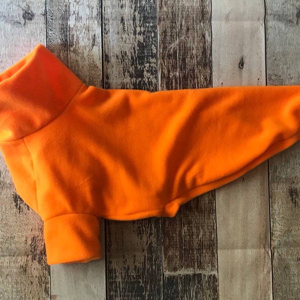 Orange Greyhound Clothing, cosy made to measure fleece pajamas for greyhounds, whippets, sighthounds. Bright dog sweater