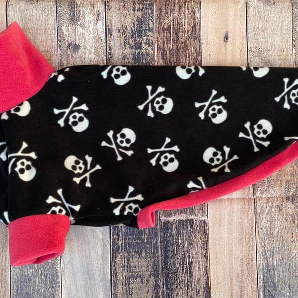 Skulls and Pink pyjamas for Sighthounds , made to measure black pirate fleece for whippets, greyhounds, lurchers