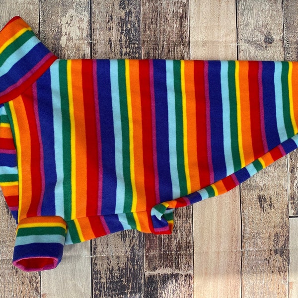 Rainbow Stripe greyhound & whippet pajamas, retro made to measure fleece sweater for sighthounds.