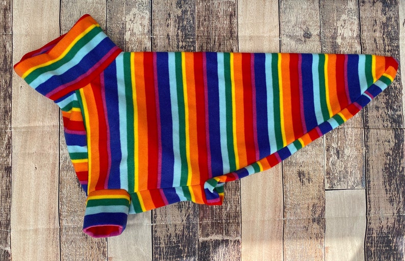 Rainbow Stripe greyhound & whippet pajamas, retro made to measure fleece sweater for sighthounds. image 1