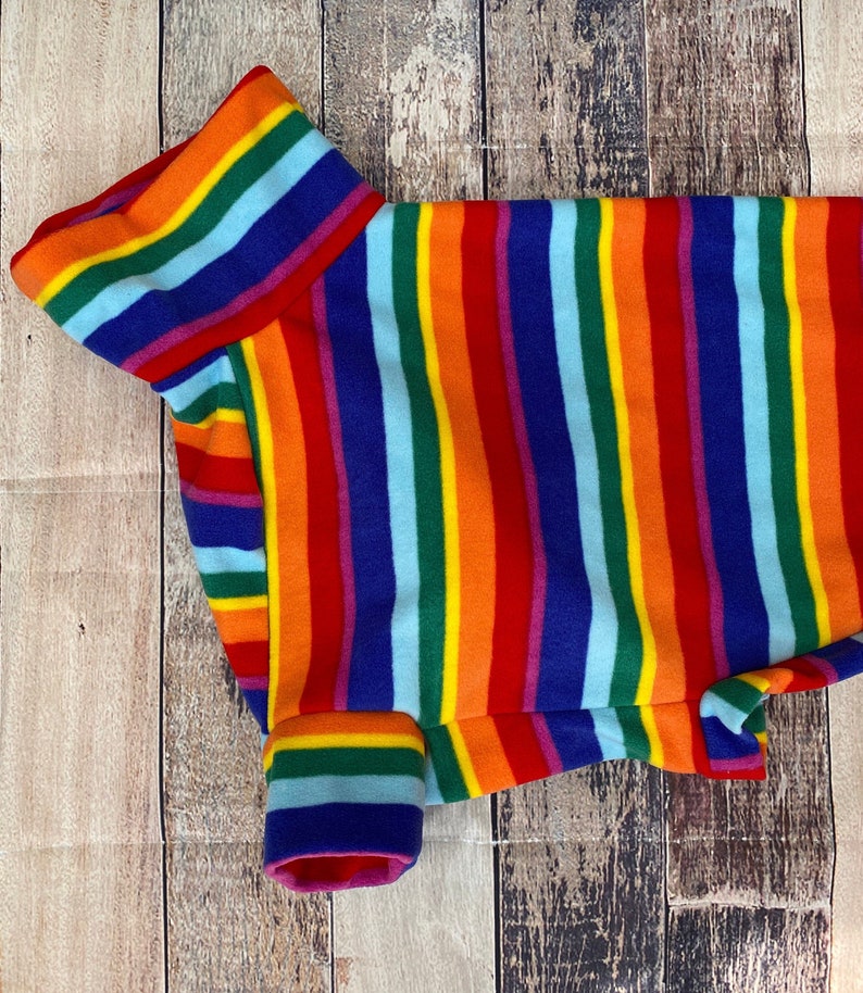 Rainbow Stripe greyhound & whippet pajamas, retro made to measure fleece sweater for sighthounds. image 5