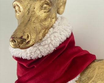 Cachecol natalino para galgo, cachecol de veludo vermelho para galgo, cachecol festivo para whippet, cachecol vermelho e branco para galgo, acessório para pescoço para saluki