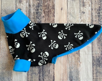 Skulls and Turquoise pyjamas for Sighthounds , made to measure blue pirate fleece for whippets, greyhounds, lurchers