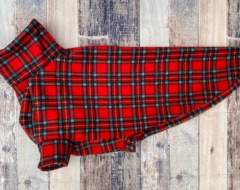 Red tartan Greyhound clothing, fleece lurcher pajamas, whippet pjs, sighthound sweater