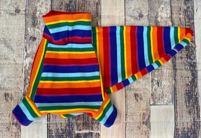 Rainbow Stripe greyhound & whippet pajamas, retro made to measure fleece sweater for sighthounds. image 3