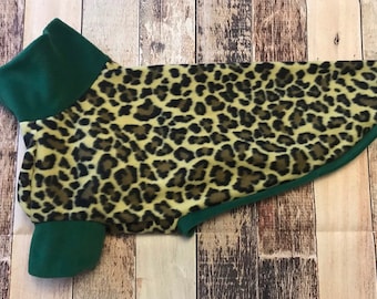 Made to Measure leopard print & green Greyhound pajamas, whippet pyjamas, sighthound clothing.