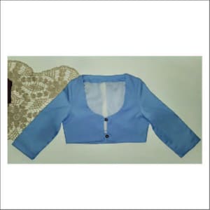 May include: A light blue cropped bolero with a scoop neckline and three black buttons down the front.