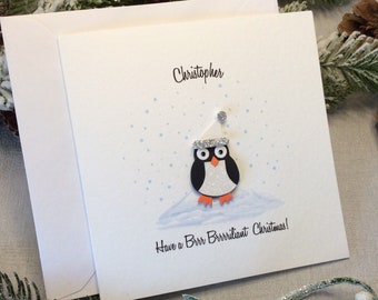 Personalised Christmas Handmade 3D Card - Cute Penguin in Snow Scene, Son, Daughter, Brother, Sister, Family