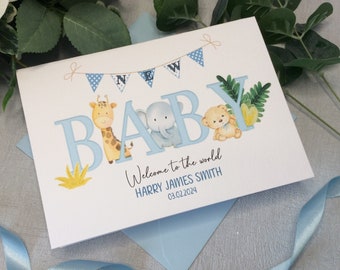 New Baby Boy, New Baby Girl Card - Personalised Modern Card 'Welcome to the World' - with baby's name and birth date