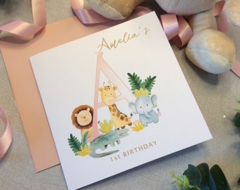 Baby Girl, Boy Birthday Card - 1st, 2nd, 3rd, Birthday, Personalised and Handmade with Initial and Name of Baby, Cute Jungle Animals