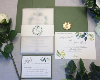 Wedding Invitation Suite - Green Eucalyptus Belly Band, Vellum Wrap | Evening Invite | Info | RSVP | Church Booklet | Menu | Place Name