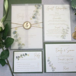 Wedding Vellum Invitation Suite - Eucalyptus, Gold Braid, Wax Seal, Evening Invite, Guest Info, RSVP, Church Booklet, Menu, Place Name