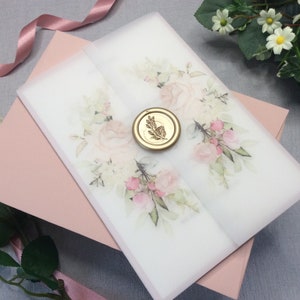 Wedding Invitation Suite Vellum Blush/Dusky Pink Wax Seal Evening Invite Guest Info Church Booklet RSVP Menu Place Name image 9