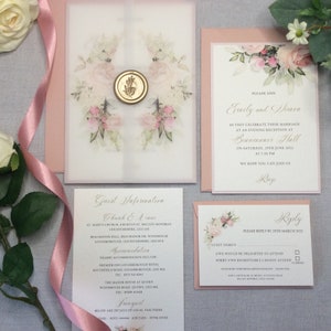 Wedding Invitation Suite Vellum Blush/Dusky Pink Wax Seal Evening Invite Guest Info Church Booklet RSVP Menu Place Name image 10