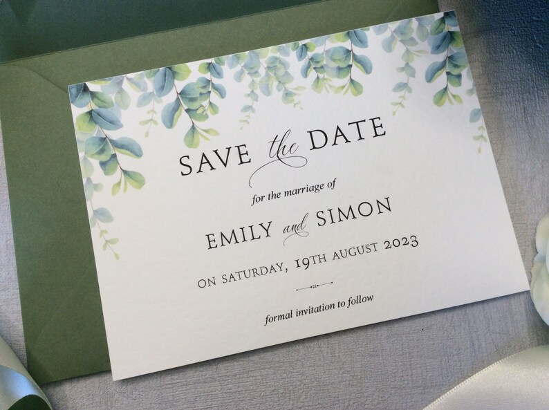 Save the Date Wedding Card Botanical Eucalyptus Design Modern Script Font SAMPLE