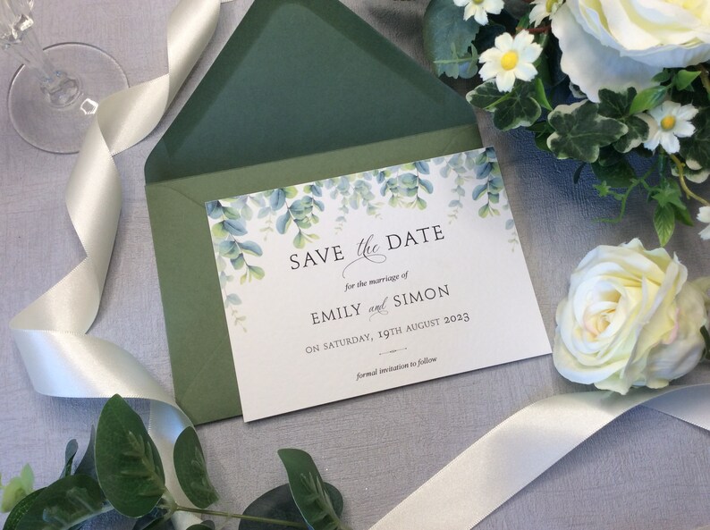 Save the Date Wedding Card Botanical Eucalyptus Design Modern Script Font 15x Cards