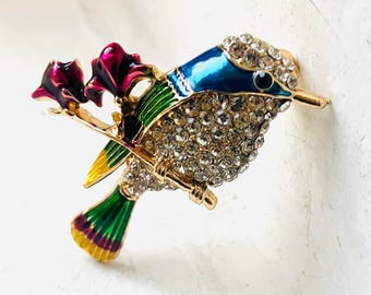 Vintage Blue Jay-broche met strassteentjes, geëmailleerde vogelspeld