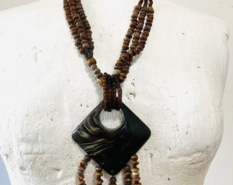 Vintage Pendant Necklace, Brown Ethnic Resin Pendant Necklace, Woman Necklace, Necklace Uk, 70s Necklace
