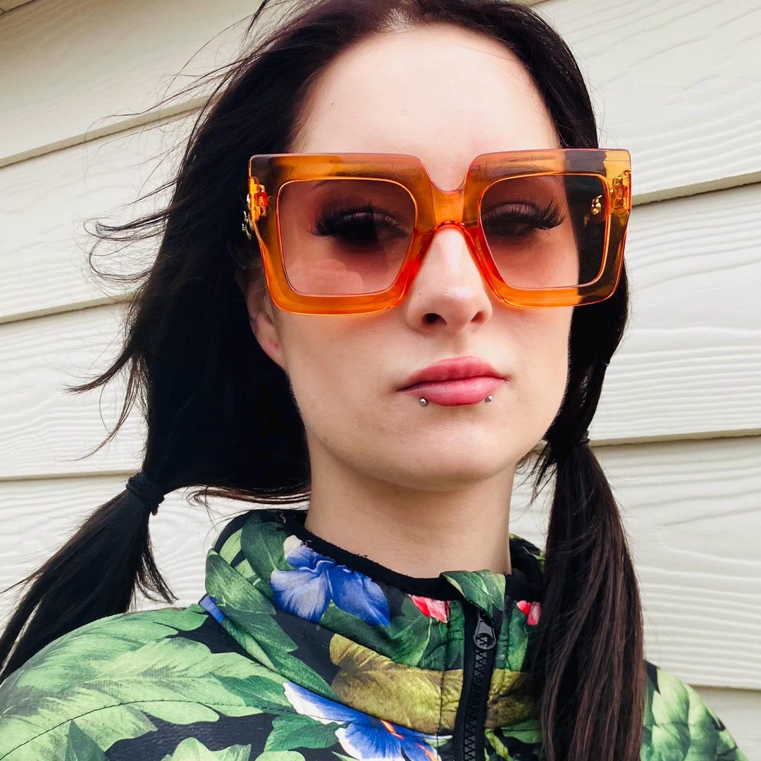 Vintage Y2K Oversized Orange Square Sunglasses With Gold Chain
