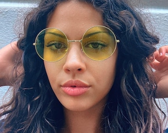 Y2K Gelbe Lennon Sonnenbrille: Vintage 2000er Runde Sonnenbrille