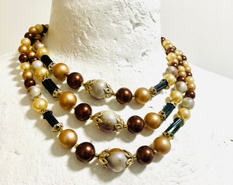 Rare 1950s 50s Hong Kong Beaded Necklace, Multi Strand Necklace, Beaded Necklace, Woman Necklace, Bronze Beaded Necklace, 50s Necklace