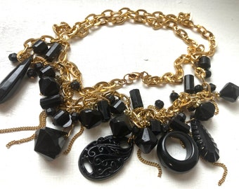 Vintage Necklace, Black Beaded Charm Necklace, Vintage 1990s Charm Necklace, Gift For Her, Woman Necklace, Necklace Uk