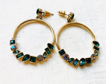 Gold Hoop Dangle Earrings, Gold plated Hoop Earrings with Green Rhinestone Gems, vintage jewelry, Earrings