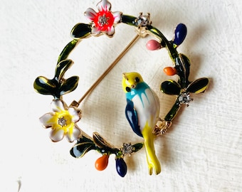 Blue Bird Brooch: Vintage Floral Garland Pin