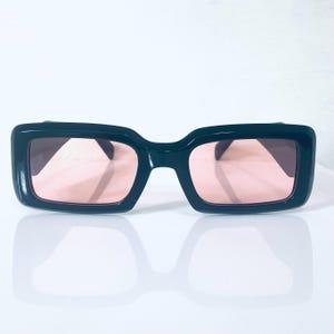 Vintage Black Rectangular Sunglasses With Pink Lenses, Y2K Shades (NOS)