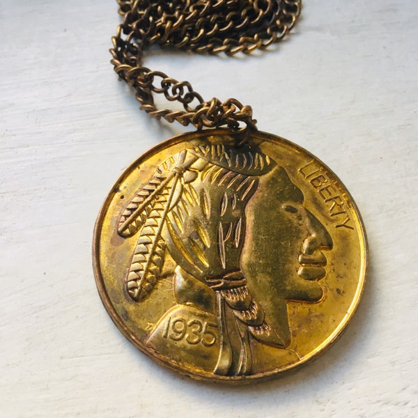 Vintage Pendant Necklace America Indian Liberty Necklace Buffalo Medallion Necklace Gift For Her