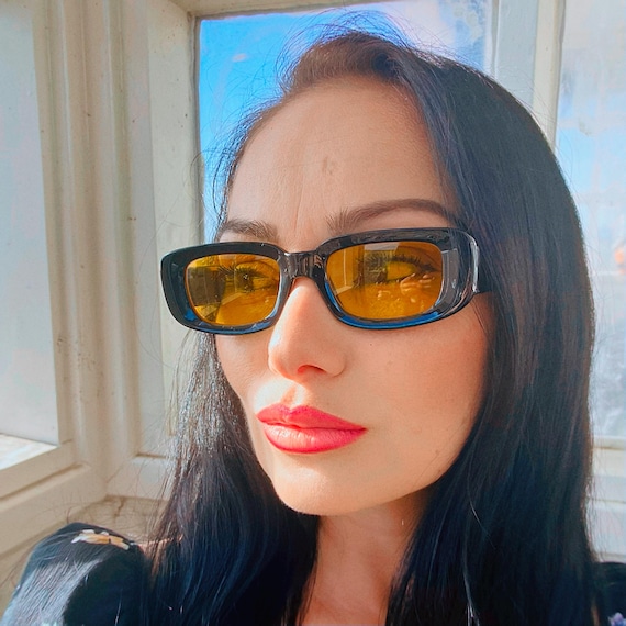 Sleek Rectangular Black Sunglasses Yellow Lenses:… - image 3