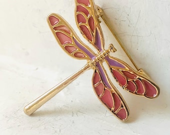 Vintage Pink Enamel Dragonfly Brooch, Art Nouveau Insect Pin