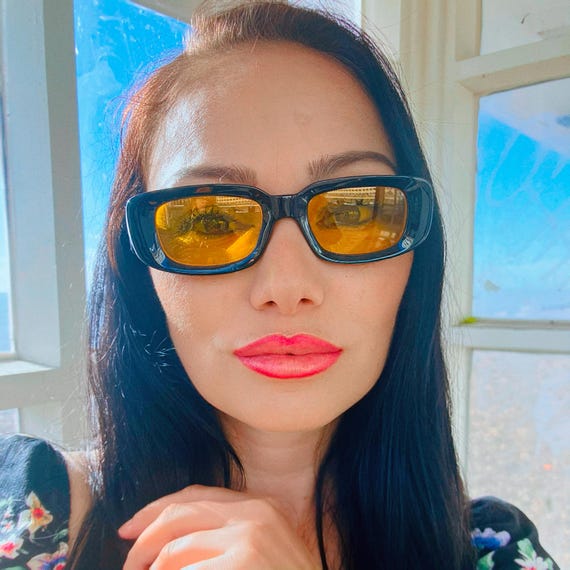 Sleek Rectangular Black Sunglasses Yellow Lenses:… - image 2