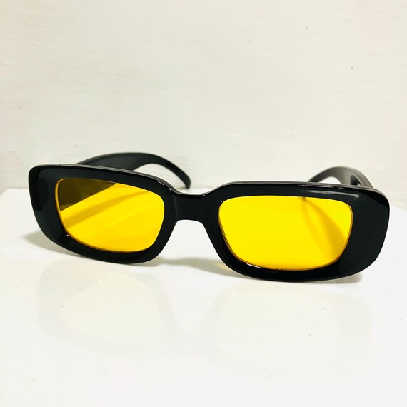 Sleek Rectangular Black Sunglasses Yellow Lenses:… - image 6