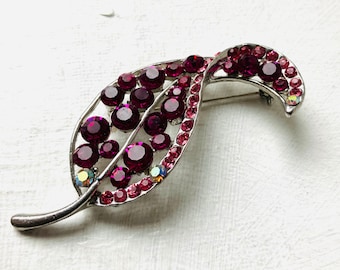 Vintage Brooch, Pink Rhinestone Sparkle Leaf Brooch, Brooch Pin Clip, Gift For Her, Leaf Brooch, Brooches, Gift, Vintage Jewellery