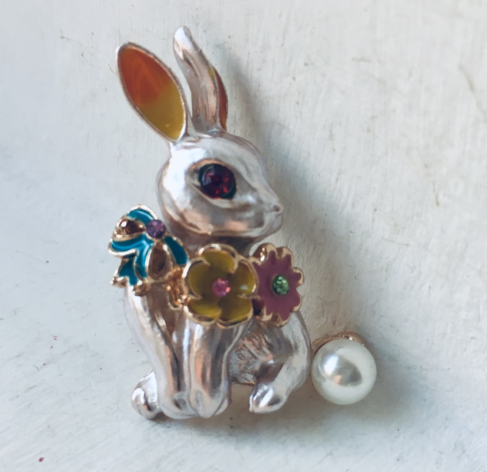 Vintage Enamel Rabbit Brooch: Faux Pearl Bunny Jewelry - Etsy